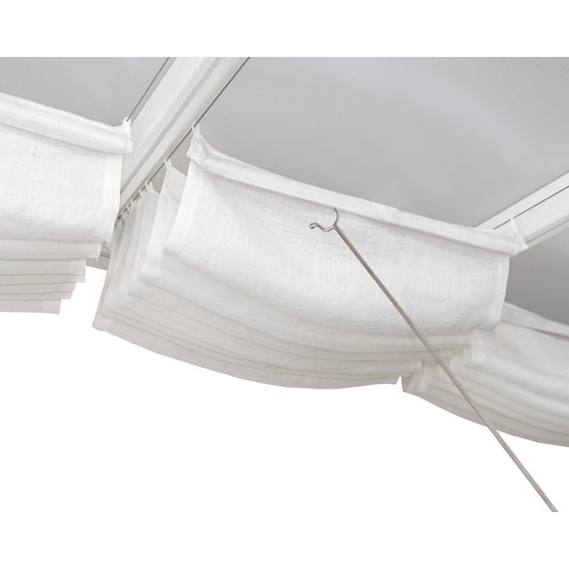 CANOPIA by PALRAM Patio Cover 10 ft. x 14 ft. Roof Blinds Set in white linen-like fabric shown from below, featuring folded UV-resistant outdoor shade curtains attached to a white metal frame with a metal rod for opening and closing, designed to reduce sun heat and compatible with Canopia 10 ft. patio covers, also suitable for enhancing outdoor leisure spaces.