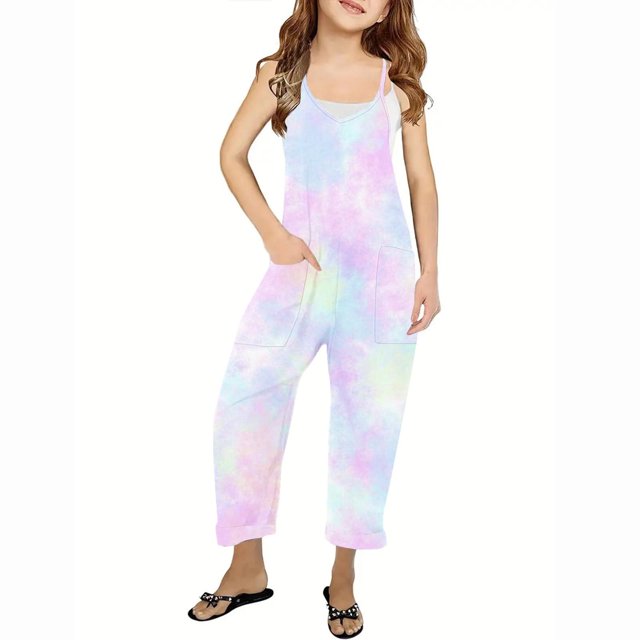 RXIRUCGD Girls Casual Jumpsuits Sleeveless Summer Rompers Long Pants With Pockets For 5-14 Years( Multicolor, Size:9-10 Years )