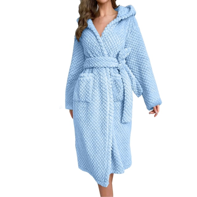 PEASKJP Tie Front Robe for Women Luxury Terry Cloth Bathrobe - Soft Rayon & Cotton, Light Blue One Size