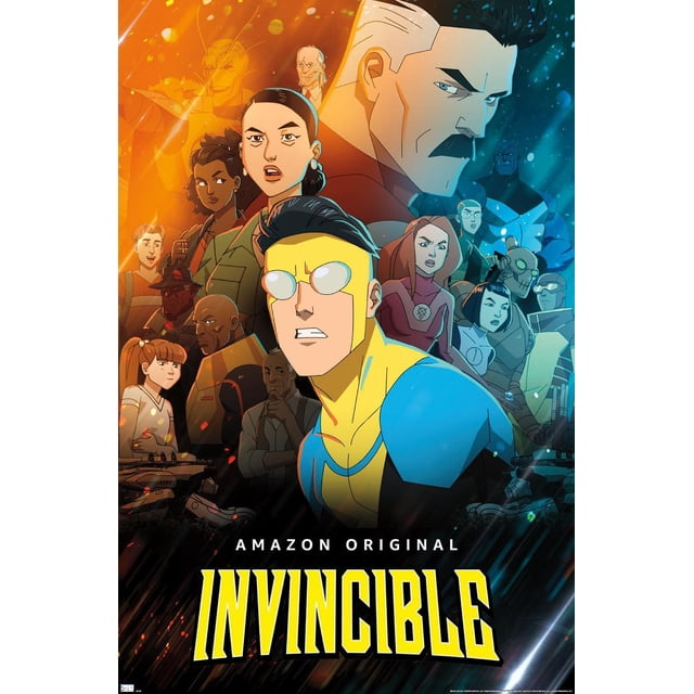 Invincible - Affiche Murale de Groupe un, 22,375 Po x 34 Po Représentant un Groupe de Superhéros vibrant et Animé avec une Figurine Centrale en Costume Bleu et Jaune, Entourée de Personnages Variés sur un Fond orange Ardent et Bleu Frais, avec le Titre Jaune Audacieux « Invincible » au Bas.