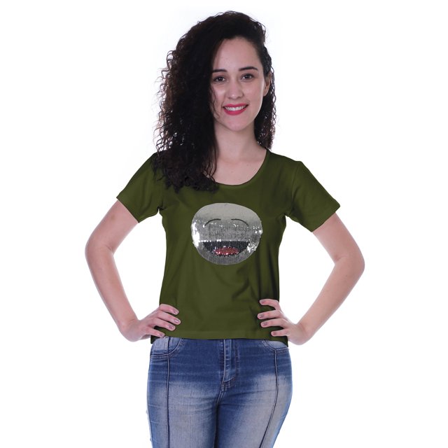 Moomaya T-shirt à Manches Courtes pour Femmes avec Col Rond, Patch à Paillettes, Coupe Décontractée - LS
