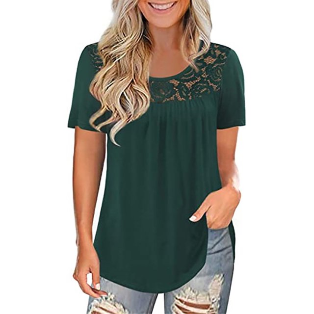 MRULIC T-Shirts pour Femmes Mode Dentelle Unie Col Rond Manches Courtes T-Shirt Blouse Hauts T-Shirts Femmes Vert Armée + 4TG