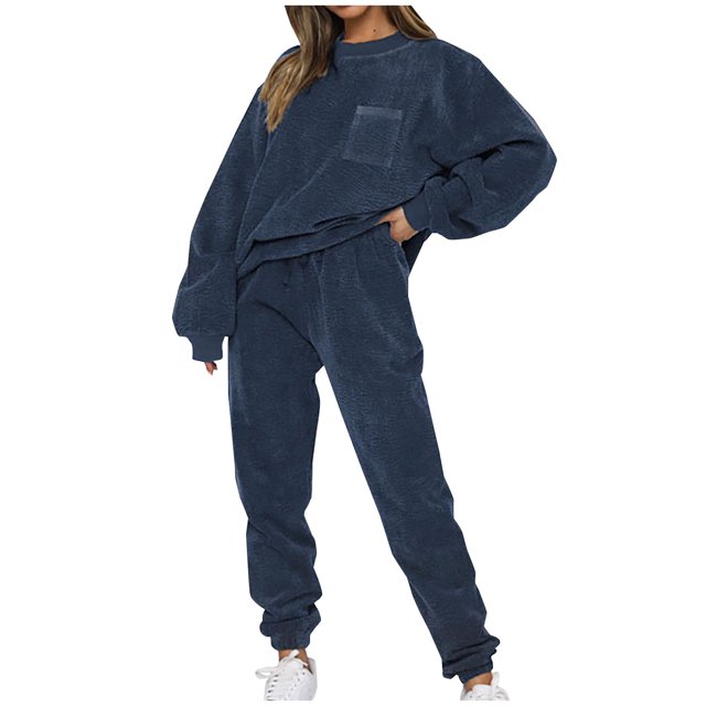 RKSTN Ensembles 2 Pcs pour Femmes Mode d'Automne Couleur Unie Chandail à Enfiler Poches Survêtements Col Rond Hauts de Sport et Ensembles de Pantalons Longs Ajustés