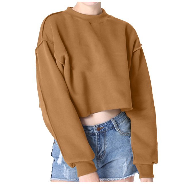 Yuyuzo Chandails en Molleton Courts pour Femmes Manches Longues Couleur Unie Col Rond Ample Décontracté Automne Pull Tops