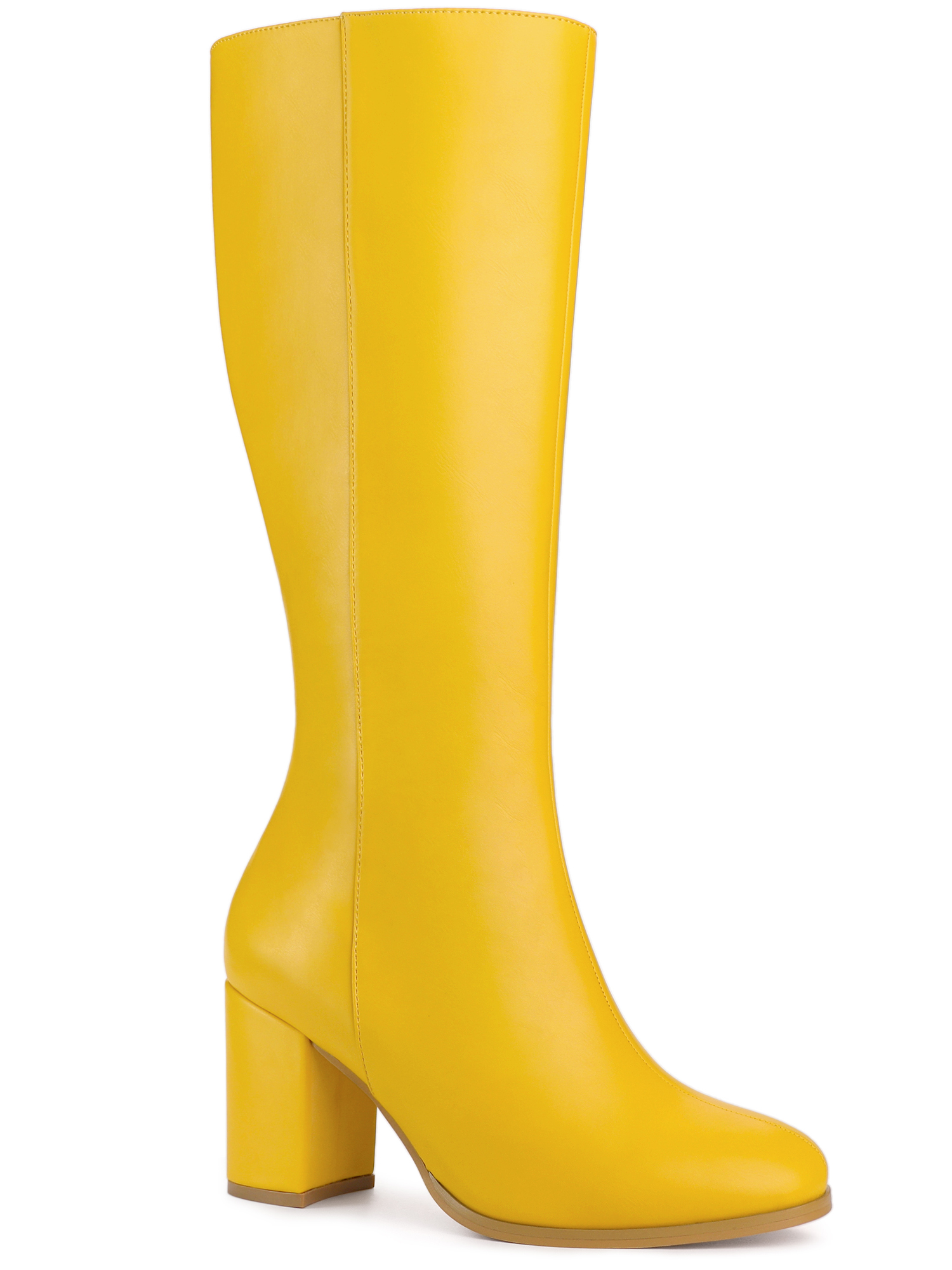 Unique Bargains Women's Round Toe Block Heels Knee High Boots Yellow (Size 9.5)