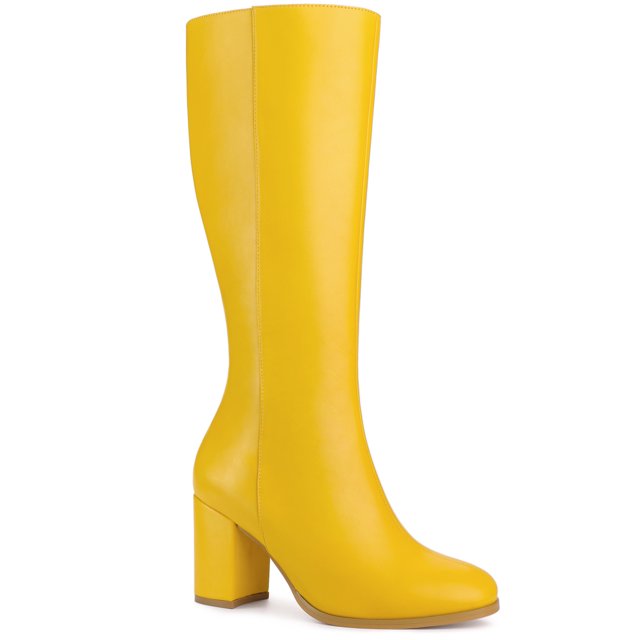 Unique Bargains Bottes à Talons Blocs à Bout Rond Hauteur Genou pour Femme Jaune (Taille 9,5)