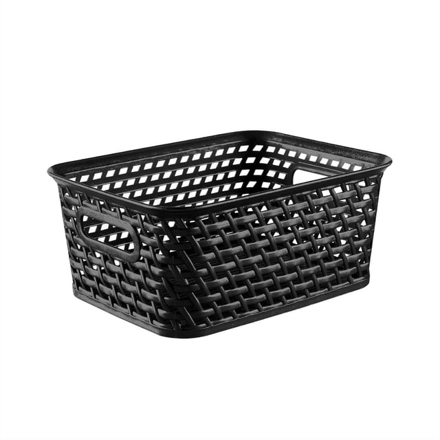 Panier Mia de Forme Rectangulaire avec design en Résine Tressée Noire, Doté de Poignées Latérales pour un Transport Facile, Idéal pour le Rangement et l'Organisation Décoratifs dans les Espaces Domestiques comme les Étagères Ou les tables, Fabriqué en Matériau durable et Facile à Nettoyer.
