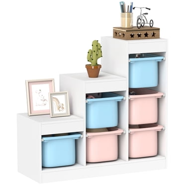 Qaba Toy Storage Organizer Kids Bookshelf with 6 Plastic Bins, Blue & Pink