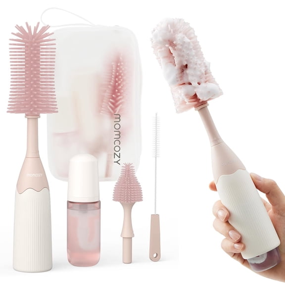 Momcozy Portable Bottle Brush Set - Baby Bottle Cleaner Kit with Silicone Brush, Drying Rack - 6 in 1 Bottle Cleaning Tool for Home and Travel 1 Set Pink