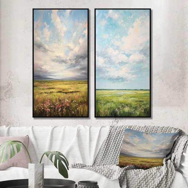 Designart "pasture Bold Horizon II" Meadow Framed Wall Art Set Of 2 - Green Landscapes Frame Gallery Set For Office Decor