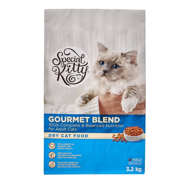 Special Kitty Gourmet Blend Dry Cat Food 3.2 kg bag with a fluffy cat with blue eyes on the front. It offers 100% complete and balanced nutrition for adult cats, enriched with taurine for heart health, high-quality proteins for muscle support, and essential amino acids from salmon and poultry. Made in Canada from domestic and imported ingredients.