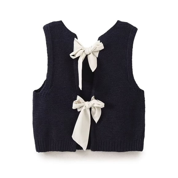 Gupgi Women Knitted Tank Tops Waistcoat Bow Tie Back Sweater Vest Top Casual Sleeveless Crochet Short Cardigans