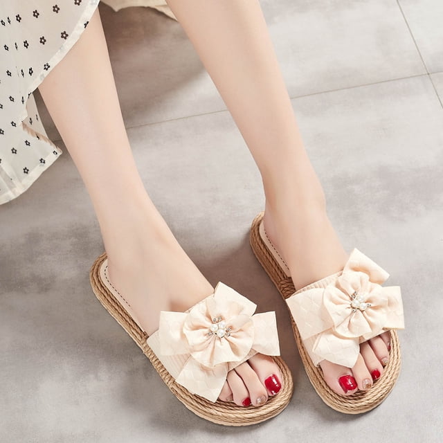 LSLJS Women's Summer Flip-Flops Rhinestone Pearl Flower Flat Beach Sandals, Flats Shoes