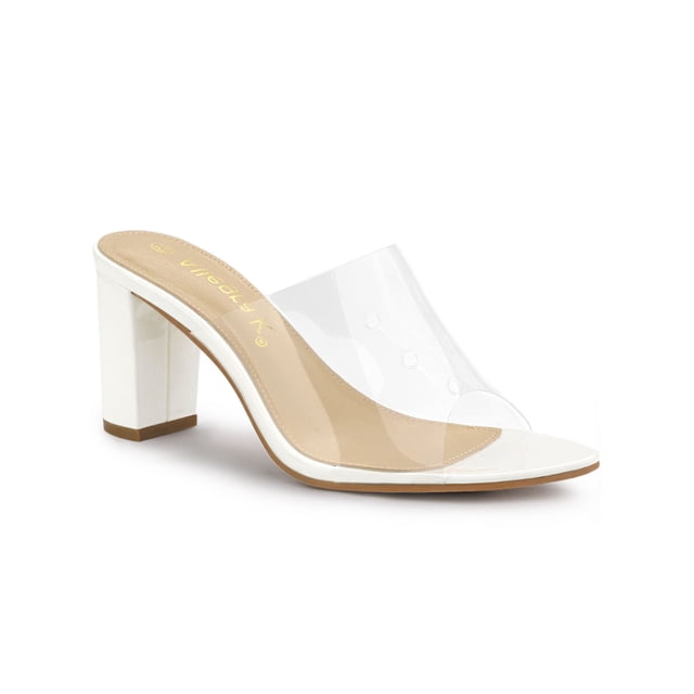 BLISSFUL STEP Style Women's Clear Point Toe High Block Heel Mules Slides Sandals White 7