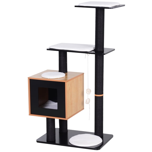 PawHut 47" Wood Cat Tree, Cat Condo Tower with Scratching Post, Toy Ball, Black