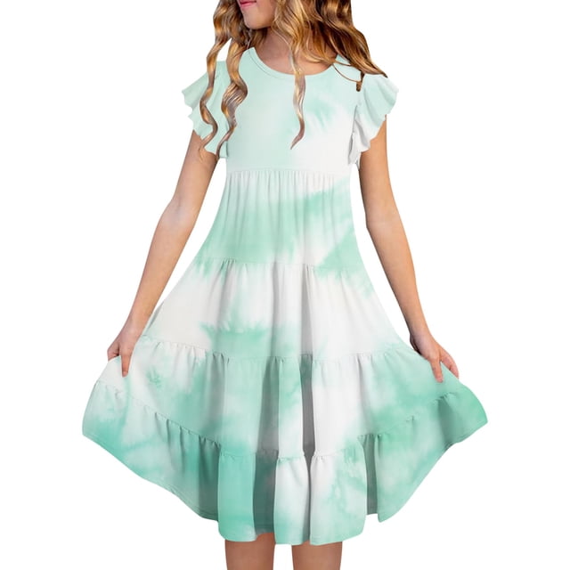 Girls Summer Double Layer Flutter Sleeve Dress - Flowy A-Line Gradient Midi Dress