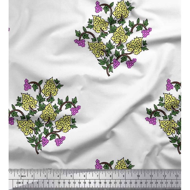 Soimoi Crepe Silk Fabric Leaves & Floral Block Decor Fabric Printed Yard 42 Inch Wide
