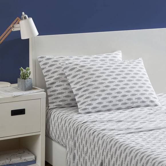 Nautica- Queen Sheet Set, Cotton Percale Bedding Set, Crisp & Cool, Lightweight & Breathable (Woodblock Fish Grey, Queen)