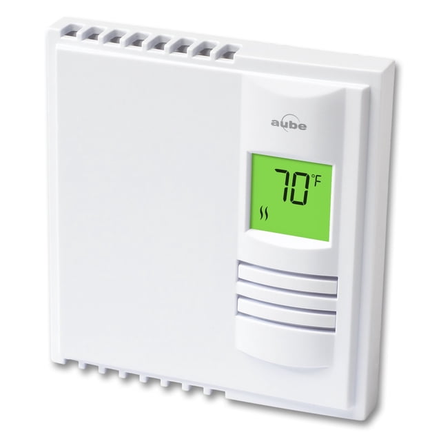 Aube by Honeywell Home TH108Plus Electric Heating Non-Programmable Thermostat with Backlight. The thermostat features a white rectangular design with a green backlit digital display showing 70°F. It is suitable for controlling electric heating systems such as baseboard heaters, radiant ceilings, radiant floors, or convectors. It operates with a minimum 2 Amp load, supports 3000 W at 240 V, and has a manual temperature setting. Dimensions are 4.8 inches by 4.5 inches by 1 inch.