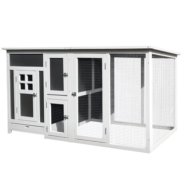 PawHut 63" Chicken Coop Wooden Hen House Rabbit Hutch Poultry Cage Pen Outdoor Backyard with Nesting Box and Run Small Animal Cage PC Roof Grey