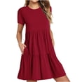 thumbnail image 2 of Pisexur Robes Midi d'Été pour Femmes Décontractées Évasées à Étages Robe T-Shirt Ourlet Ample Manches Courtes Robes de Plage avec Poches, 2 of 6
