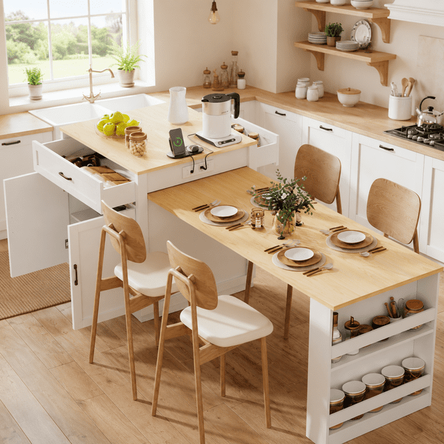 Homy Casa 82.7" Rolling Kitchen Island with Extendable Dining Table, Power Outlet, 2 Drawers & Storage, White