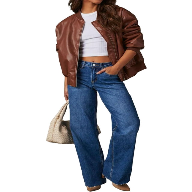 Veste en Cuir pour Femme à Manches Longues avec Fermeture Éclair Blouson Bomber