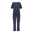 thumbnail image 4 of Mikilon Ensemble Élégant pour Femmes 2 Pcs Mode Col Rond Manches Courtes Haut Pantalon Long Ensemble Décontracté Mode Col Rond Manches Courtes Hauts Pantalons Ensemble Décontracté Bleu TP, 4 of 6