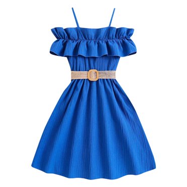 YOUSNH Robe Princesse d'Été Sans Manches Unie pour Tout-Petites Filles, Fête Dansante avec Ceinture, Vêtements, Robes pour Filles, Bleu, 8-9 Ans