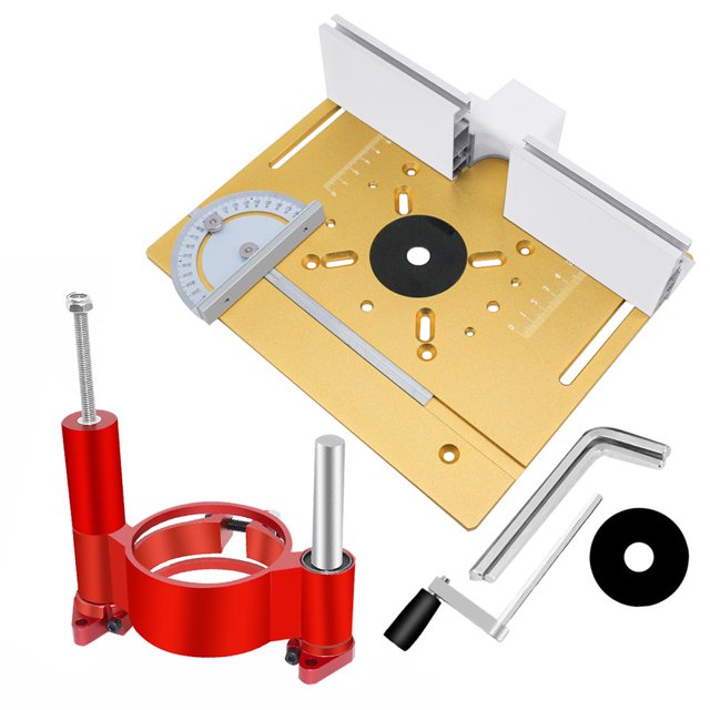 TFixol Gold Aluminum Alloy Router Table Insert Plate Set with Adjustable Height Base, Fence, Push Block, and Angle Gauge - 4-Piece Woodworking Kit (240x200mm)
