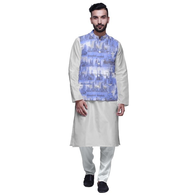Atasi Solid Kurta Pajama & Printed Nehru Jacket Set For Mens Party Wear