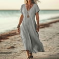 thumbnail image 2 of UPPADA Robe d'Été pour Femme Grande Taille en Coton et Lin, Robe Maxi Fluide à Manches Courtes, Robe Décontractée Style Sundress à Col en V, Taille Portefeuille, Robes Fluides de Plage, Tenues de Printemps Gris, P, 2 of 6