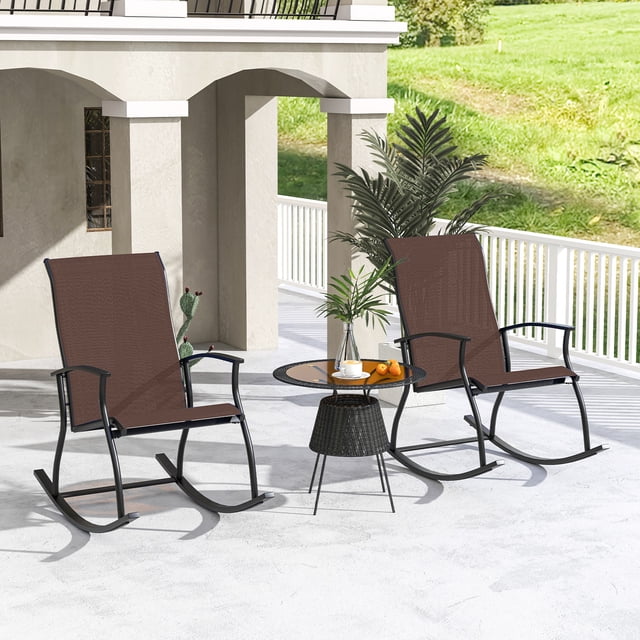 Costway 2 PCS Outdoor Rocking Chairs with Breathable Backrest Smooth Safe Rocking Design Brown