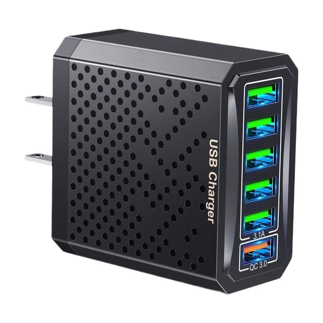 6 Ports USB Charger 3.1A Fast Charger with a sleek black design, perforated sides, and six USB ports, including QC3.0 for high-speed charging. This multi-port charger, made from PC fireproof and flame retardant material, supports AC100-240V input and delivers up to 3.1A output. Compact US plug adapter suitable for home, office, or travel use.