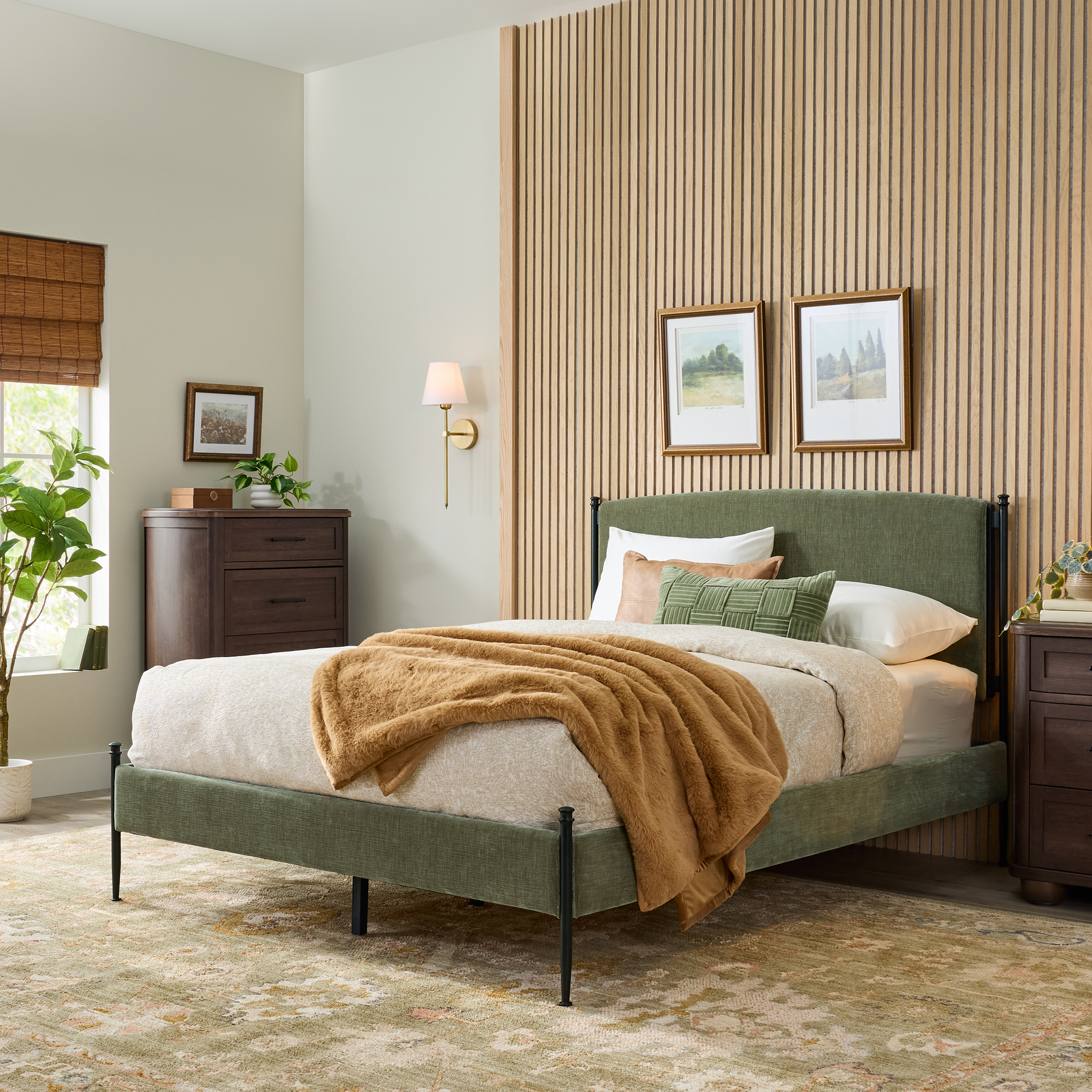 Better Homes & Gardens Ambrose Upholstered King Bed, Forest Velvet and Forged Iron