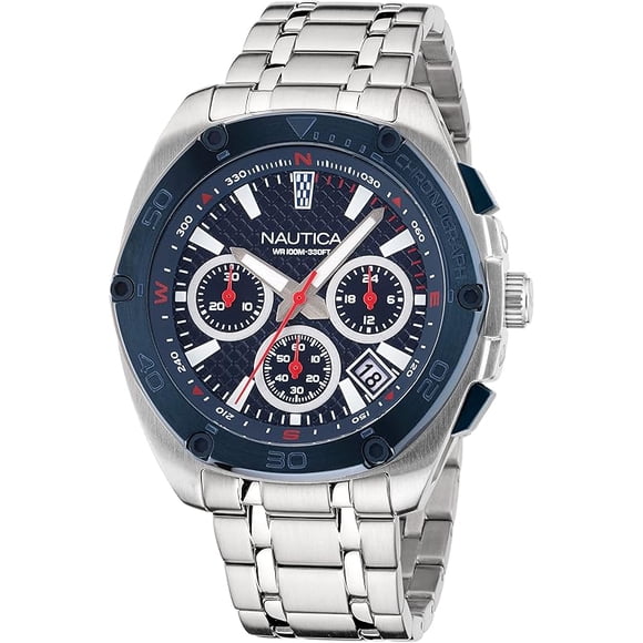 Nautica Boîte à Montres pour Hommes en Acier Inoxydable Recyclé et Silicone, Ensemble avec Baie en Boîte
