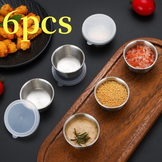 Contenant de Rangement pour Aliments, Contenants de Rangement de Cuisine, Tasse à Sauces en Acier Inoxydable 304 Tasse à Sauces 40 ml Incluant Couvercle en Plastique Style Trempette Petites Assiettes Assiettes à Sauces pour BBQ Extérieur 6 Pcs