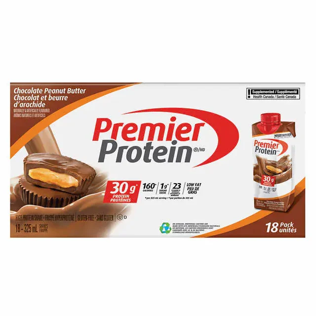 Premier Protein High-Protein Delicious Chocolate Peanut Butter Shake, 18-pack of 325 mL tetra-packs. The packaging highlights 30g of protein per shake, 1g of sugar, and low fat content. The design features an image of a chocolate peanut butter cup and a single shake tetra-pack, emphasizing the rich chocolate and peanut butter flavor. Suitable for on-the-go nutrition and meal replacement.