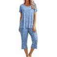 thumbnail image 1 of Mikilon Pyjama Décontracté pour Femmes, Ensemble de Sommeil Mode Imprimé à Manches Courtes, Pantalon Capri, 2 Pcs, Col Rond, Tenue de Détente Décontractée avec Poches, Ensemble 2 Pcs, Bleu G, 1 of 8