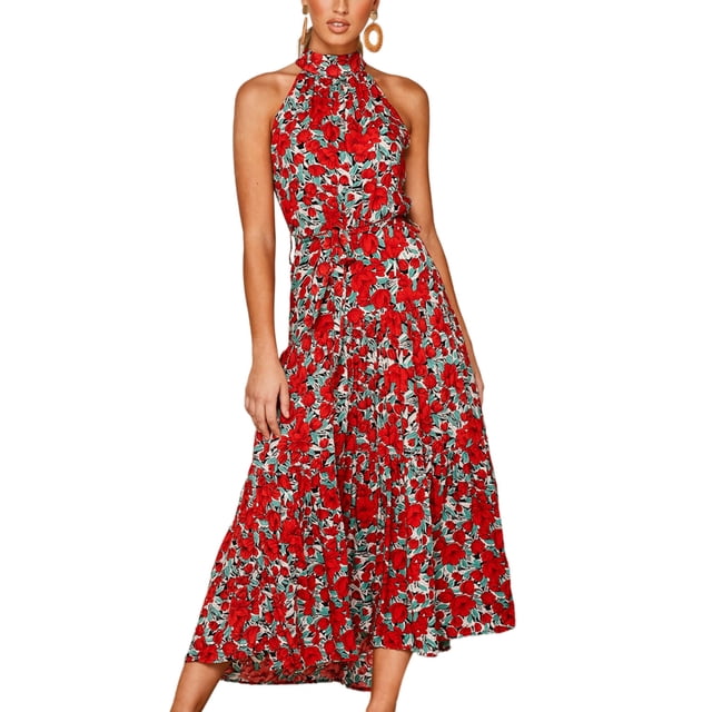 Robes Longues Maxi Sans Manches à Col Licou Boho à Imprimé Floral, Dos Nu, Fluides, de Plage, avec Ceinture et Poches pour Femmes