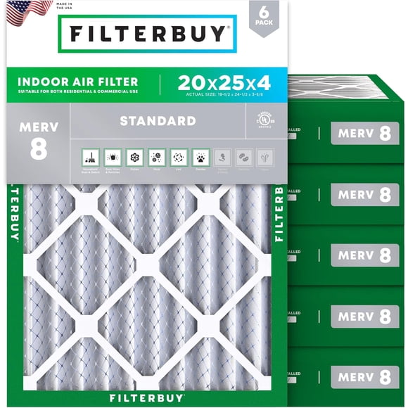 Filterbuy 20x25x4 Air Filter MERV 8 Dust Defense, HVAC AC Furnace Air Filters Replacement (6-Pack)