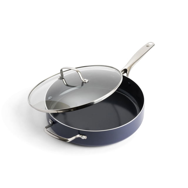 Blue Diamond 5Qt Deep Saute Pan with glass lid, featuring a deep blue exterior and diamond-infused ceramic nonstick interior. It has riveted stainless steel handles and a clear tempered glass lid with metal handle, oven and broiler safe for versatile stovetop and oven cooking.