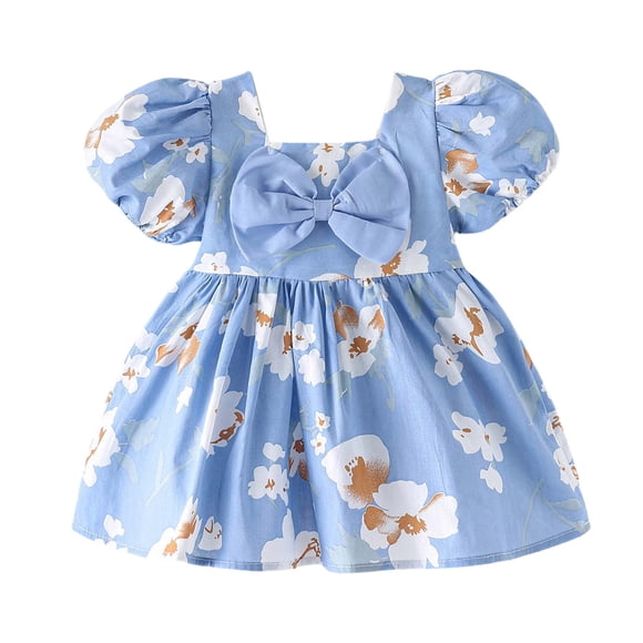 Little Girls Dresses Baby Toddler Girls'summer Flower Print Casual Dress with Ruffled Hem Square Neck Sundress with Bow Baby Dresses Blue 2 Years-3 Years