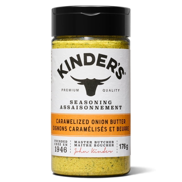 Kinder's Caramelized Onion Butter Seasoning Spice 176g in a clear jar with black lid, labeled with premium quality and master butcher branding, a seasoning mix ideal for boosting flavour in chicken, beef, fish, and vegetables, featuring a dual-opening lid for easy sprinkling.