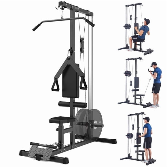 Towallmark High Low Pulley System, Home Gym, Cable Machine, LAT Pulldown and Row Station with Adjustable Leg Support for Total Body Training, Black
