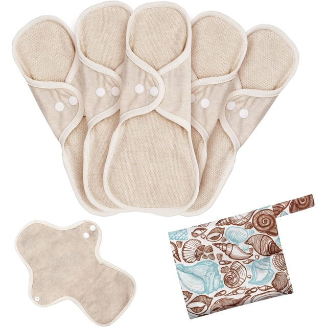 EcoNesxp Serviettes Hygiéniques Menstruelles Réutilisables en Coton Biologique Lavables et Anti-Fuites, Présentées comme un Ensemble de Cinq Serviettes Beiges avec Ailes Boutonnées pour un Ajustement Sécuritaire. Comprend une Pochette de Rangement à Motif de Coquillages. Fabriquées avec des Couches en Coton Biologique pour la Respirabilité, une protection Antibactérienne et une Haute Capacité d'Absorption. Présente un design Pliable pour une Portabilité Discrète, Idéal pour les Voyages, l'Exercice et l'Usage Quotidien.