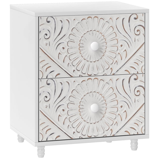 HOMCOM Nightstand, Bedside Table with 2 Drawers, Mid-Century Style, White centered front-facing view of a white mid-century bedside table with carved geometric drawer fronts, two drawers with round knobs, veneered surface and tapered elevated legs with foot pads; dimensions 18" x 14" x 21.5" (45.7 x 35.5 x 54.6 cm). Suitable as a compact sofa-side or entryway storage unit for books and small essentials.
