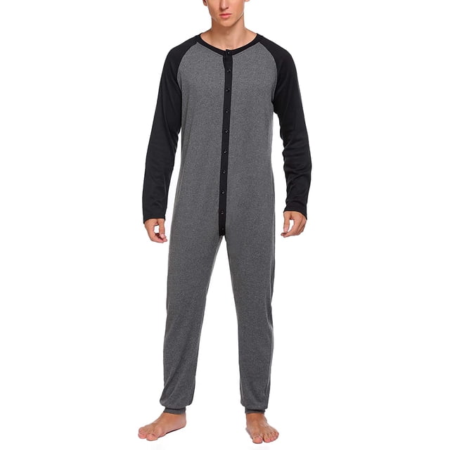 Wangsaura Pyjama une-Pièce pour Homme, Chemise de Nuit à Manches Longues en Gris, Conçue pour les Hommes comme Vêtement d'Intérieur Confortable. Comprend un Col Rond, un devant Boutonné et un Tissu Respirant en Coton-Polyester. Idéal pour le Printemps, l'Automne et l'Hiver. Disponible en Tailles P à TTG.