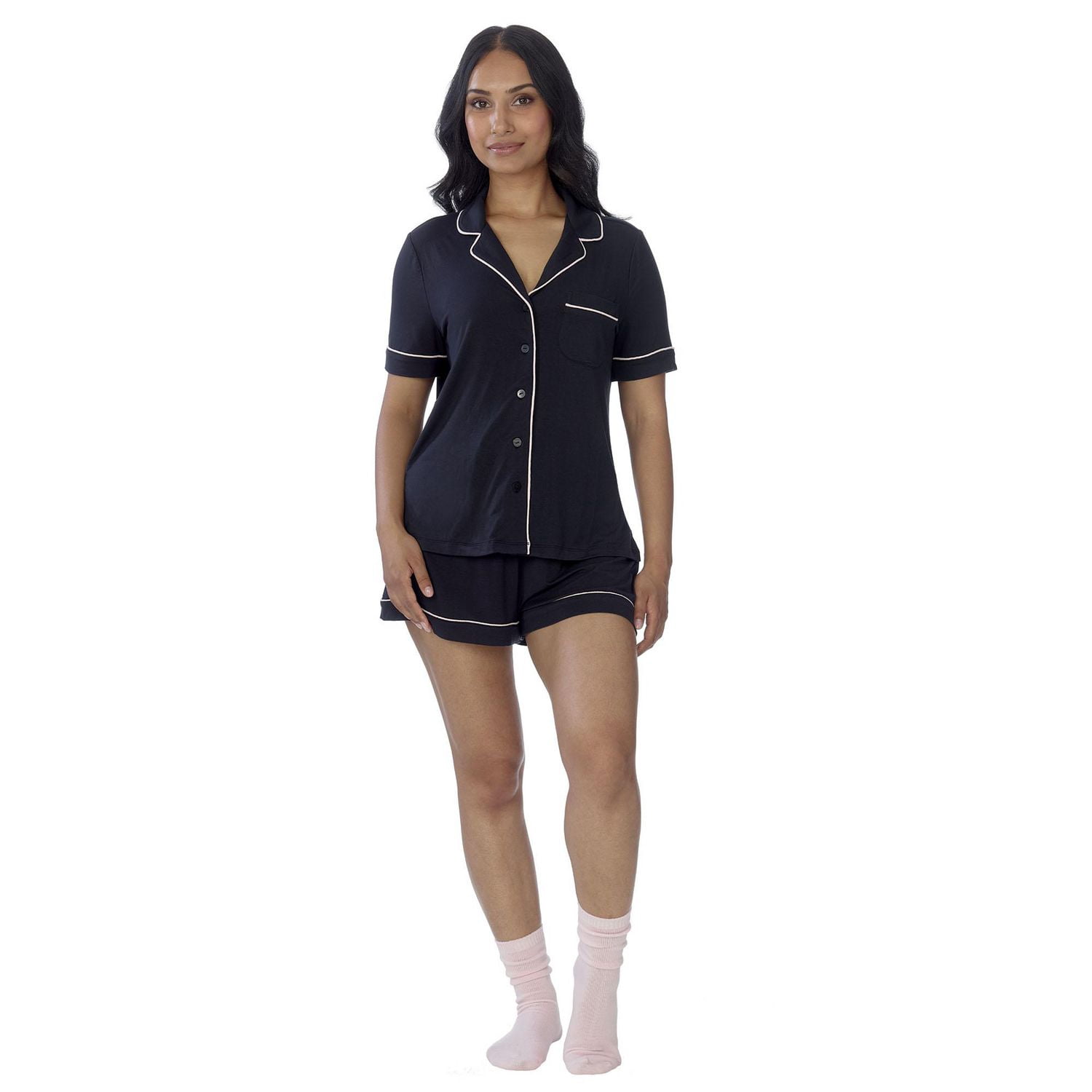 Secret Sleep Short Sleeve Button Top with Piping - Online exclusive