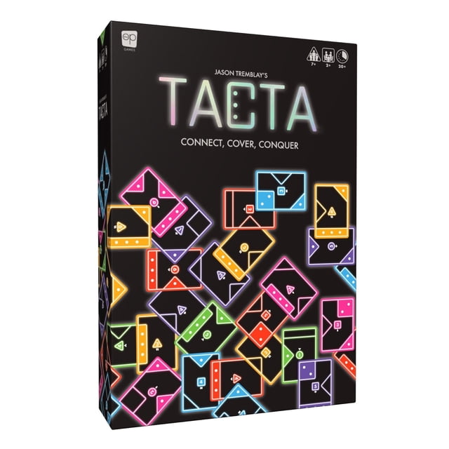 Tacta Card Game, a fast-paced strategic shape-matching game for all ages, featuring a modular and customizable system. The game box displays vibrant geometric shapes in up to 8 colors, resembling dominoes or poker, with the tagline 'Connect, Cover, Conquer.' Suitable for 2 or more players aged 7 and up, it offers engaging gameplay where players align squares, triangles, and rectangles to outmaneuver opponents. The compact packaging measures approximately 5.51x1.57x0.79 inches.